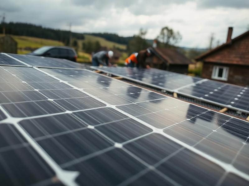 Solar panel installation on a rooftop in a rural village